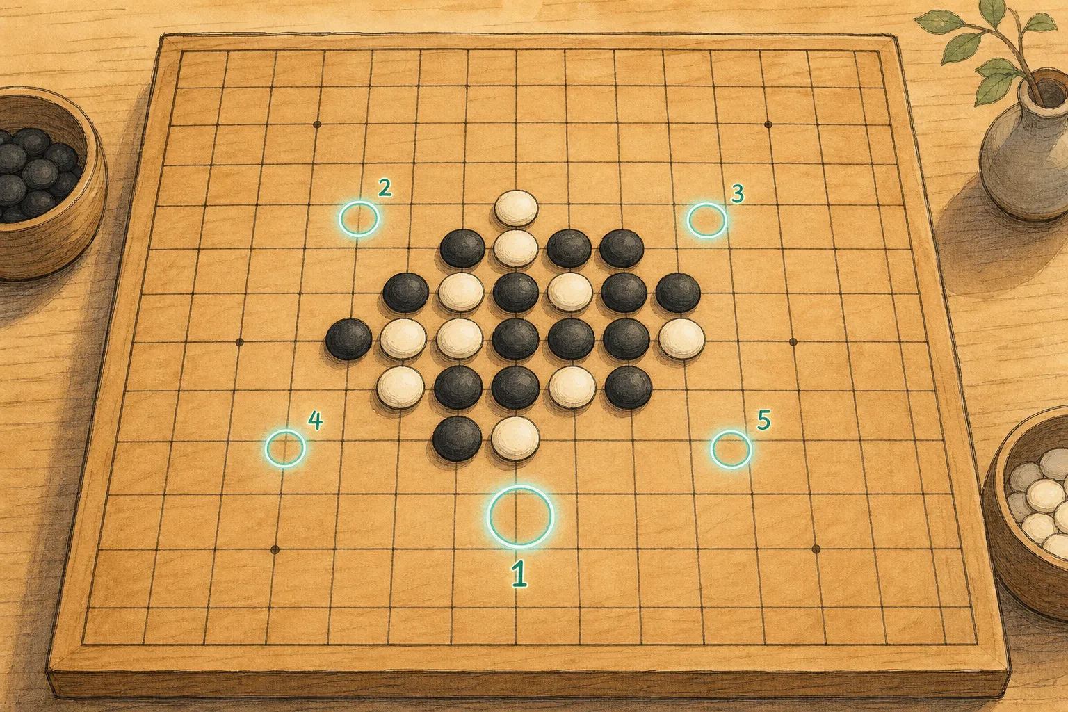 AI 思考一步棋时，棋盘上浮出的候选点和排名